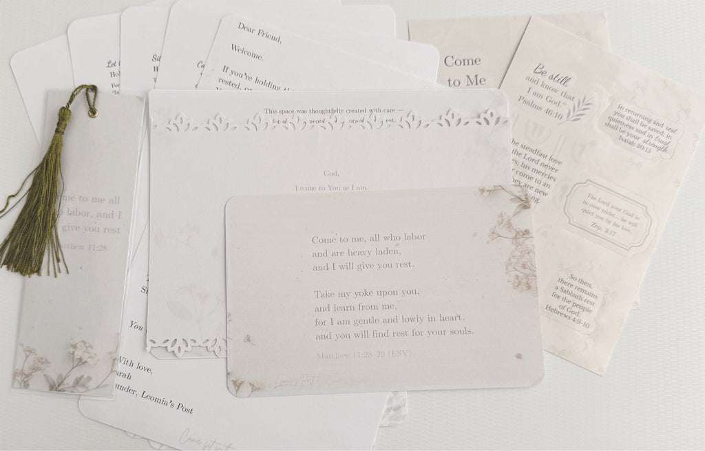 Come Sit With Me subscription set with scripture cards and vintage-inspired paper elements in soft neutral tones.