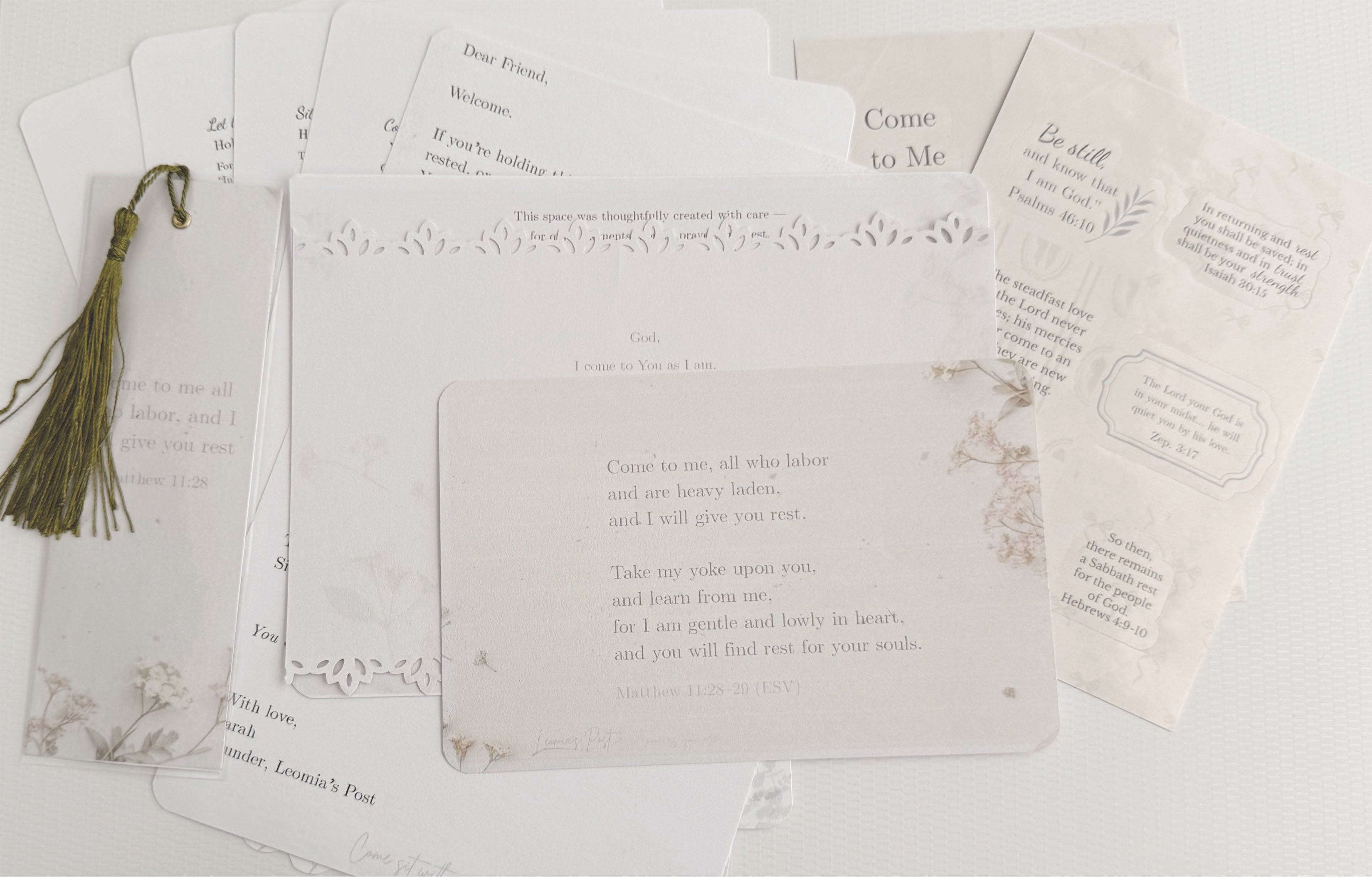 Come Sit With Me subscription set with scripture cards and vintage-inspired paper elements in soft neutral tones.