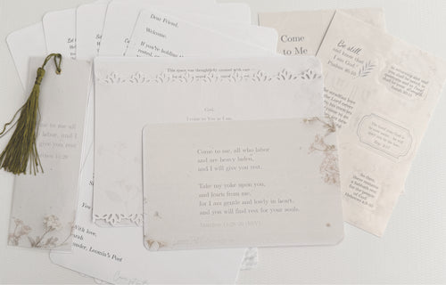 Come Sit With Me subscription set with scripture cards and vintage-inspired paper elements in soft neutral tones.